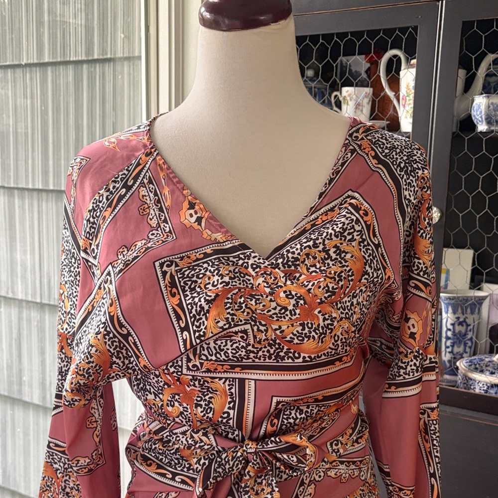CBR Wrap Blouse with Pink and Orange Design